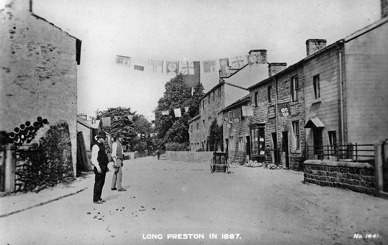 Main Street  - Jubilee1887.jpg - Main Street, Long Preston. decorated for Queen Victoria's Golden Jubilee in June 1887. The buildings on the left are Bob Ducket's builders yard - now Ribble Terrace.